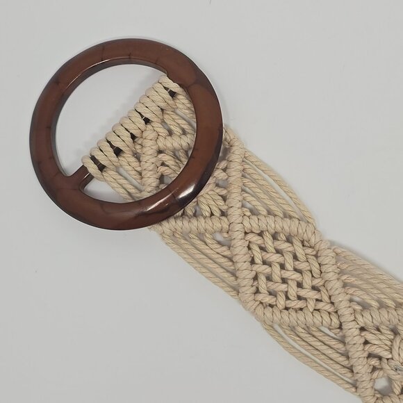 Woven Macrame Boho Belt with Wood Beads and Brown Tortoiseshell Buckle - Picture 10 of 10